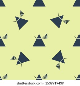 Blue Light rays in prism icon isolated seamless pattern on yellow background. Ray rainbow spectrum dispersion optical effect in glass prism.  Vector Illustration