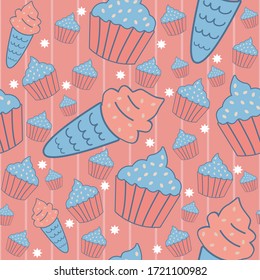Blue and light red color ice cream and cup cake seamless pattern on stripe background for wallpaper and textile.
