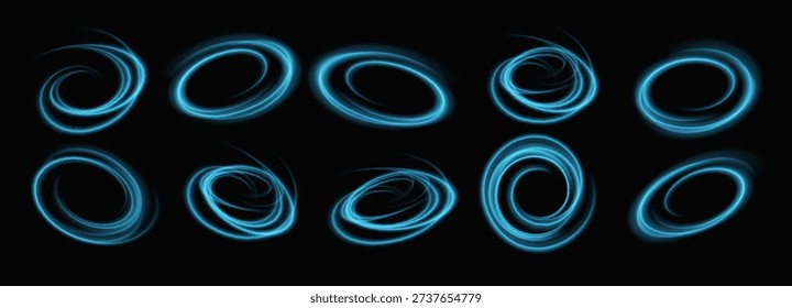 Blue light rings with luminous glow effects spiral elegantly, forming mesmerizing neon trails and energy beams ideal for futuristic tech presentations.