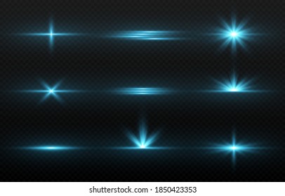 Blue light set. Blue glowing lines of light. Flash of light on isolated transparent background. PNG. Vector image.