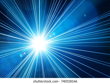Blue light shining from darkness with realistic lens flare. Vector illustration