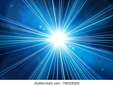 Blue light shining from darkness with realistic lens flare. Vector illustration