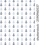 Blue and light blue ship anchors on a white background. This is a marine seamless pattern represented as a simple vector graphic illustration.