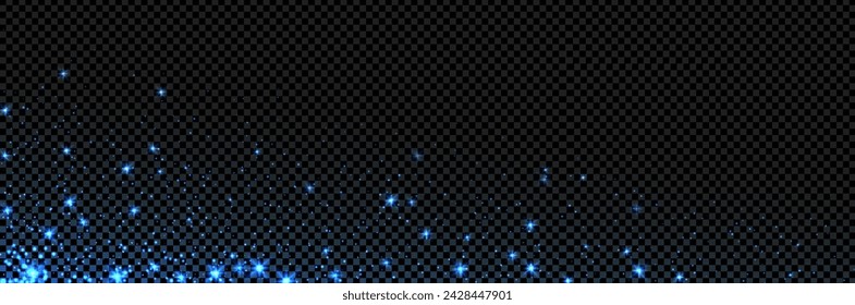 Blue light sparkle effect with magic firefly. Vector illustration with dust of flare and stars. Overlay effect background. Transparent glow. 