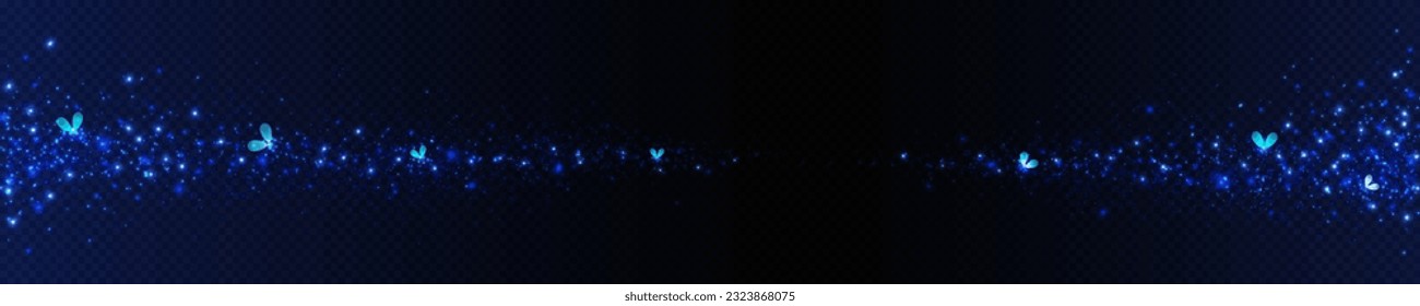 Blue light sparkles and fireflies glowing on transparent background. Vector realistic illustration of shiny glitter particles sparkling in darkness, magic energy effect, abstract stardust overlay
