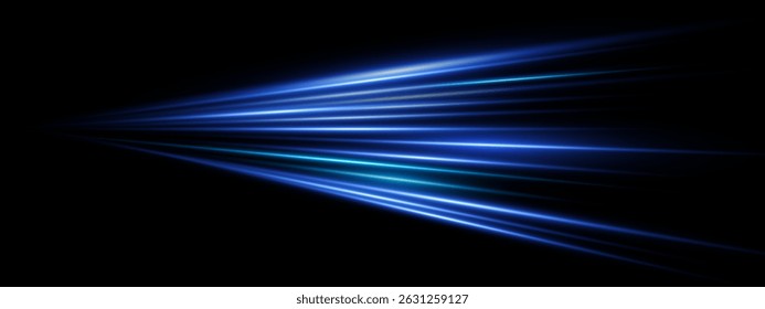 Blue light speed streaks with perspective dynamic motion trail on dark background. Neon laser beams and bright flares. Fast futuristic highway effect. Vector abstract glowing velocity energy design