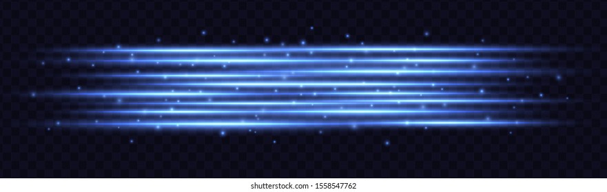 Blue light speed stripes isolated on transparent background. Horizontal lens flares. Motion effect with sparkles vector illustration.