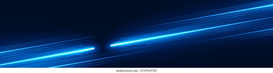 Blue Light streaks on dark technology background banner abstract lines. Abstract blue light streaks crossing a dark background forming a horizontal technology banner with glowing neon lines.