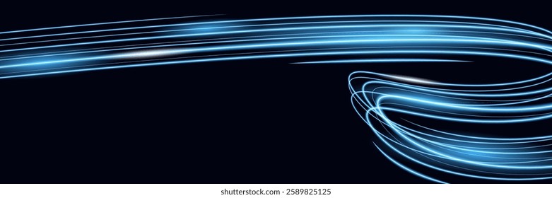 Blue light trail background. Long time exposure motion blur effect. Futuristic dynamic vector illustration eps10