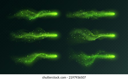 Blue light trail, magic stardust with haze and sparkles, realistic fantasy game vfx effects collection, spell blast in motion isolated on dark background. Vector illustration.