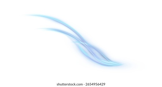 Rastro de luz azul con líneas curvas suaves y suave resplandor sobre fondo blanco. Efecto de luz de Vector para el fondo blanco.