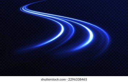 Blue light trail, wave speed, trace line twirl. Sparkle waves with light effect isolated on transparent background. Shimmering magic dust particles. Glittering bright dust trail.	