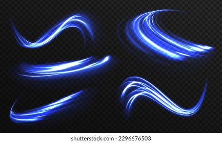 Trayecto de luz azul, velocidad de onda, giro de línea de traza. Ondas espumosas con efecto claro aisladas sobre un fondo transparente. Partículas mágicas de polvo brillantes. Brillante rastro de polvo brillante.	