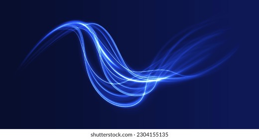 Blue light trail, wave speed, trace line twirl. Abstract light lines of movement and speed with white color glitters.	