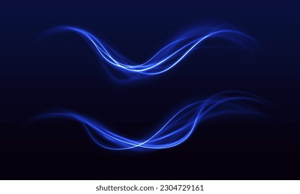 Blue light trail, wave speed, trace line twirl. Abstract light lines of movement and speed with white color glitters.	