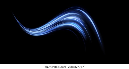 Trayecto de luz azul, velocidad de onda, giro de línea de traza. Líneas de luz abstractas de movimiento y velocidad con brillantes de color blanco