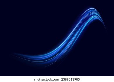 Trayecto de luz azul, velocidad de onda, giro de línea de traza. Líneas de luz abstractas de movimiento y velocidad con brillantes de color blanco