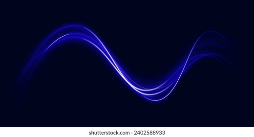 Blue light trail, wave speed, trace line twirl. Abstract light lines of movement and speed with white color glitters.