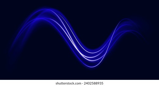 Trayecto de luz azul, velocidad de onda, giro de línea de traza. Resumen de líneas de luz de movimiento y velocidad con brillantes de color blanco.