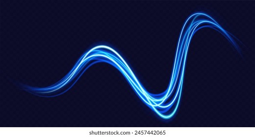 Blue light trail, wave speed, trace line twirl. Abstract light lines of movement and speed with white color glitters.