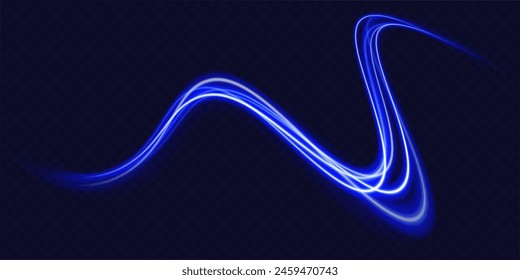 Rastro de luz azul, velocidad de onda, trazo de línea de giro. Abstractas líneas de movimiento y velocidad con destellos de color blanco.