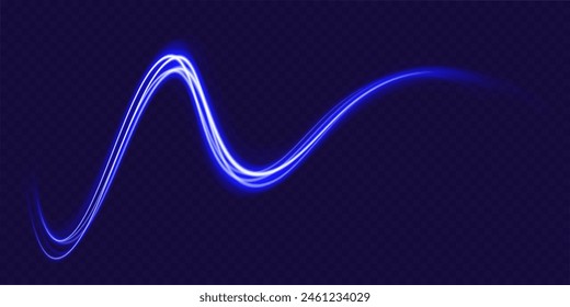 Rastro de luz azul, velocidad de onda, trazo de línea de giro. Abstractas líneas de movimiento y velocidad con destellos de color blanco.