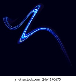 Rastro de luz azul, velocidad de onda, trazo de línea de giro. Abstractas líneas de movimiento y velocidad con destellos de color blanco.