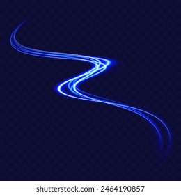 Blue light trail, wave speed, trace line twirl. Abstract light lines of movement and speed with white color glitters.