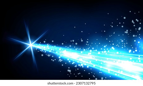 Blue light trails, Ice comet is passing by with smoke and particles trail. Vector Illustration