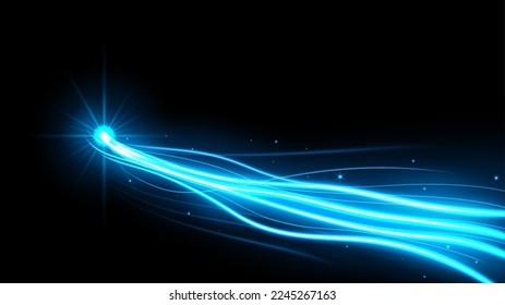 Trayectorias de luz azul, efecto de desenfoque del movimiento de exposición a largo plazo. Ilustración vectorial