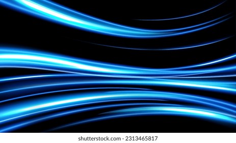 Blue light trails, long time exposure motion blur Background. Vector Illustration