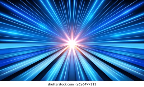 Blue Light Trails, Perspective Long Time Exposure Motion Blur Effect, Vector Illustration