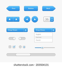 Blue Light User Interface Controls. Web Elements. Website, Software UI: Buttons, Switchers, Slider, Arrows, Drop-down, Navigation Bar, Menu, Check Box, Radio, Scroller, Input Search, Progress Bar