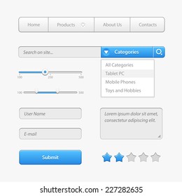 Blue Light User Interface Controls. Web Elements. Website, Software UI: Buttons, Switchers, Slider, Drop-down, Navigation Bar, Menu, Check Box, Scroller, Input Search, Progress Bar, Text Area Rating 