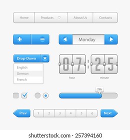 Blue Light User Interface Controls. Web Elements. Website, Software UI: Buttons, Switchers, Arrows, Drop-down, Navigation, Menu, Check Box, Radio, Scroller, Progress Bar, Pagination, Clock, Calendar