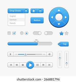 Blue Light User Interface Controls. Web Elements. Website, Software UI: Buttons, Switchers, Drop-down, Navigation Bar, Menu, Check Box, Radio, Scroller, Progress Bar, Volume, Tag, Player, Play