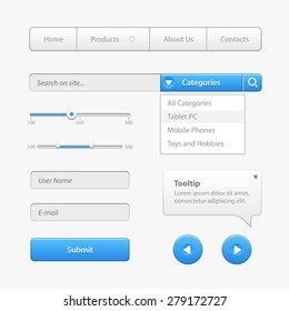 Blue Light User Interface Controls. Web Elements. Website, Software UI: Buttons, Switchers, Slider, Drop-down, Navigation Bar, Menu, Check Box, Scroller, Input Search, Progress, Text Area, Tooltip