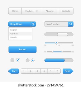 Blue Light User Interface Controls. Web Elements. Website, Software UI: Buttons, Switchers, Arrows, Drop-down, Navigation, Menu, Check Box, Radio, Scroller, Progress Bar, Pagination, Input Search