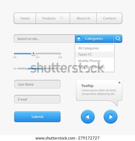 Blue Light User Interface Controls. Web Elements. Website, Software UI: Buttons, Switchers, Slider, Drop-down, Navigation Bar, Menu, Check Box, Scroller, Input Search, Progress, Text Area, Tooltip