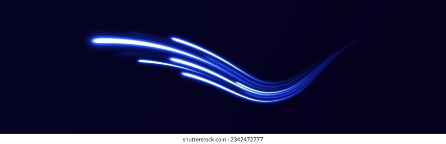Blue light vector effect, curve shape neon speed motion. Magic bright shine glow of energy lines, shiny swirl power waves flow. Electric trail glowing in dark background. Abstract blue light twist. 