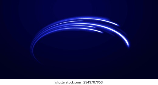 Blue light vector effect, curve shape neon speed motion. Magic bright shine glow of energy lines, shiny swirl power waves flow. Electric trail glowing in dark background. Abstract blue light twist. 