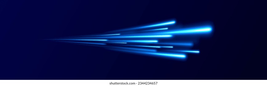 Blue light vector effect, curve shape neon speed motion. Magic bright shine glow of energy lines, shiny swirl power waves flow. Electric trail glowing in dark background. Abstract blue light twist. 