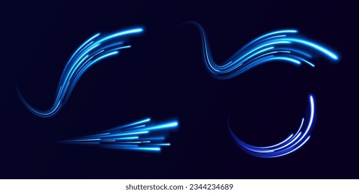 Blue light vector effect, curve shape neon speed motion. Magic bright shine glow of energy lines, shiny swirl power waves flow. Electric trail glowing in dark background. Abstract blue light twist. 