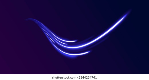 Blue light vector effect, curve shape neon speed motion. Magic bright shine glow of energy lines, shiny swirl power waves flow. Electric trail glowing in dark background. Abstract blue light twist. 