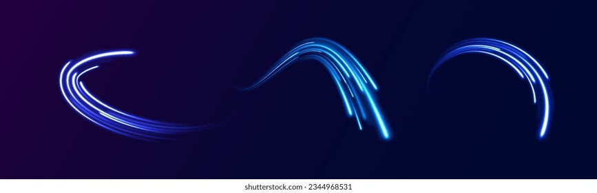 Blue light vector effect, curve shape neon speed motion. Magic bright shine glow of energy lines, shiny swirl power waves flow. Electric trail glowing in dark background. Abstract blue light twist. 