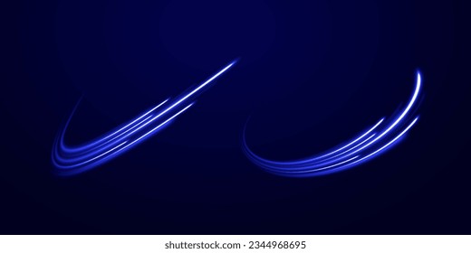 Blue light vector effect, curve shape neon speed motion. Magic bright shine glow of energy lines, shiny swirl power waves flow. Electric trail glowing in dark background. Abstract blue light twist. 