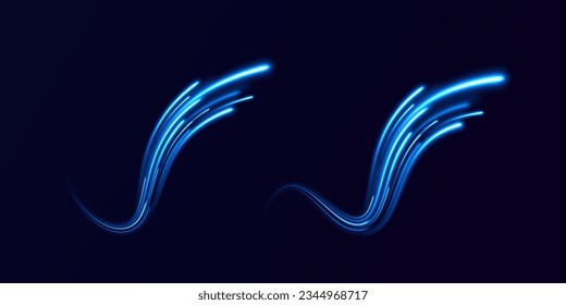Blue light vector effect, curve shape neon speed motion. Magic bright shine glow of energy lines, shiny swirl power waves flow. Electric trail glowing in dark background. Abstract blue light twist. 