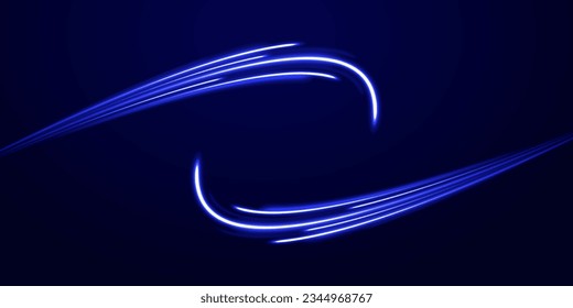 Blue light vector effect, curve shape neon speed motion. Magic bright shine glow of energy lines, shiny swirl power waves flow. Electric trail glowing in dark background. Abstract blue light twist. 