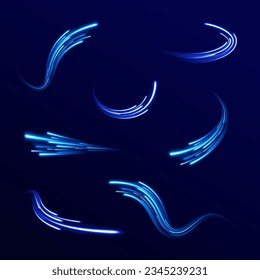 Blue light vector effect, curve shape neon speed motion. Magic bright shine glow of energy lines, shiny swirl power waves flow. Electric trail glowing in dark background. Abstract blue light twist. 