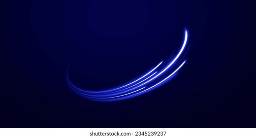 Blue light vector effect, curve shape neon speed motion. Magic bright shine glow of energy lines, shiny swirl power waves flow. Electric trail glowing in dark background. Abstract blue light twist. 